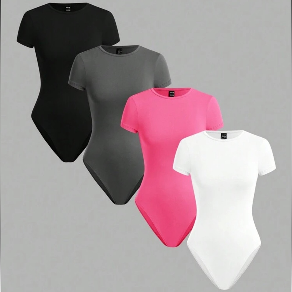 SHEIN 4pcs/Set Women Solid Color Knit Round Neck Short Sleeve Slim Fit Bodysuit